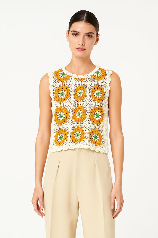 Top en crochet beige orange